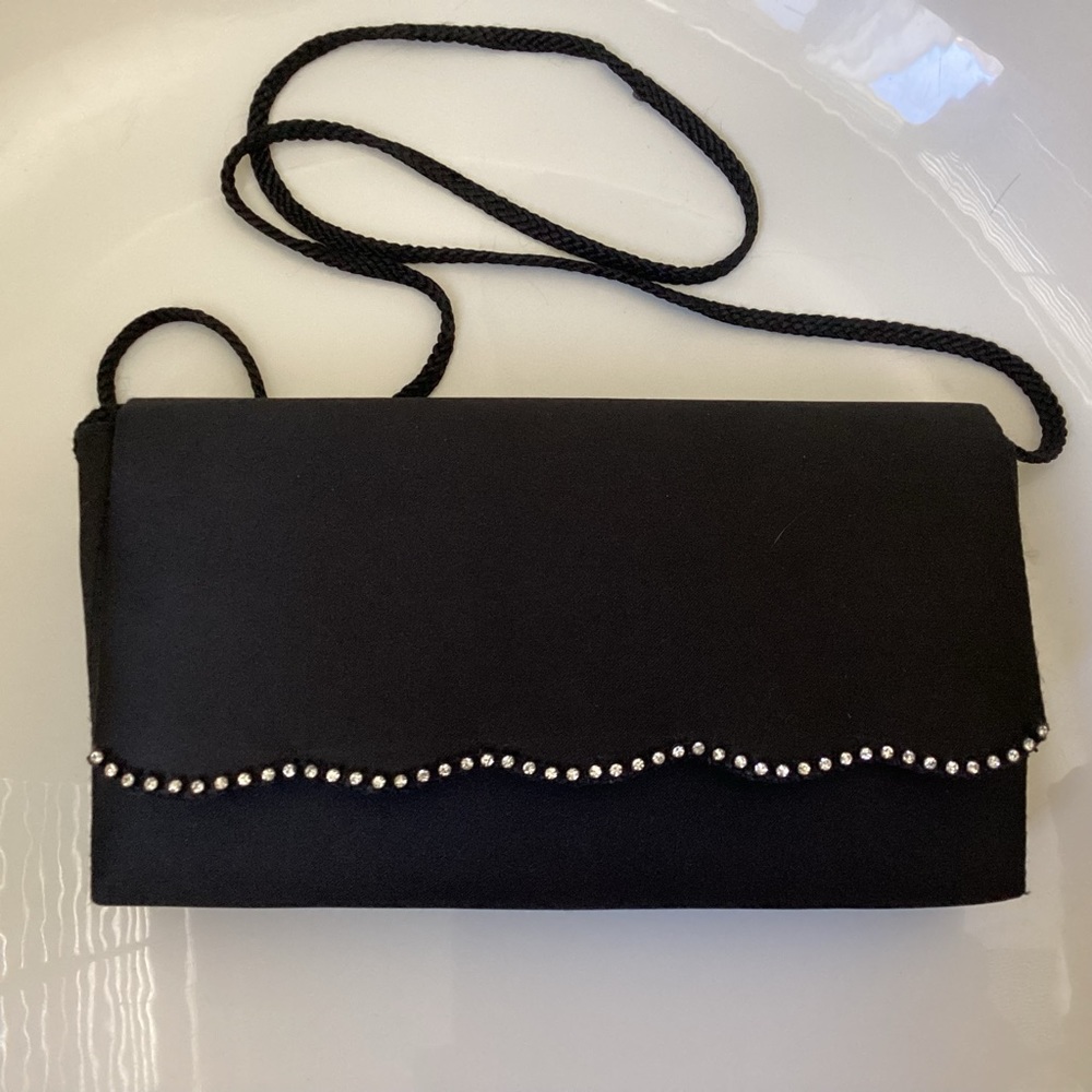 La Regale black satin evening purse with rhinestones and braided rope strap